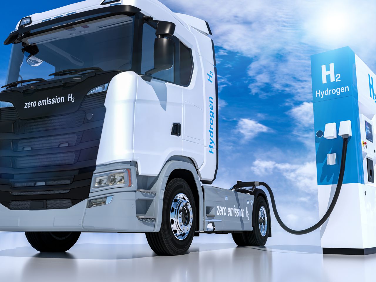 Truck at fuel filling station with hydrogen symbol